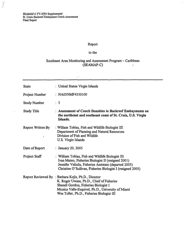 Assessment of conch densities in backreef embayments on the northeast and southeast coast of St. Croix, U.S. Virgin Islands - Page 1