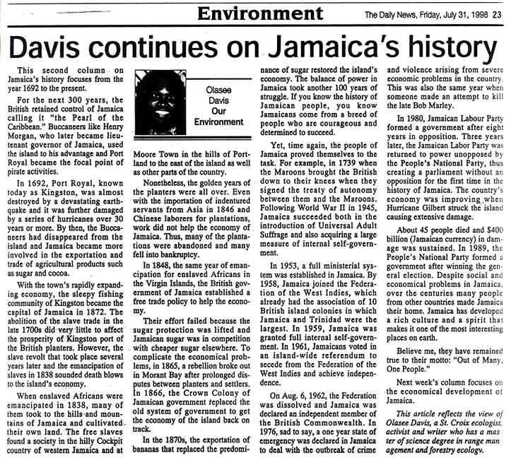 Davis continues on Jamaica's history