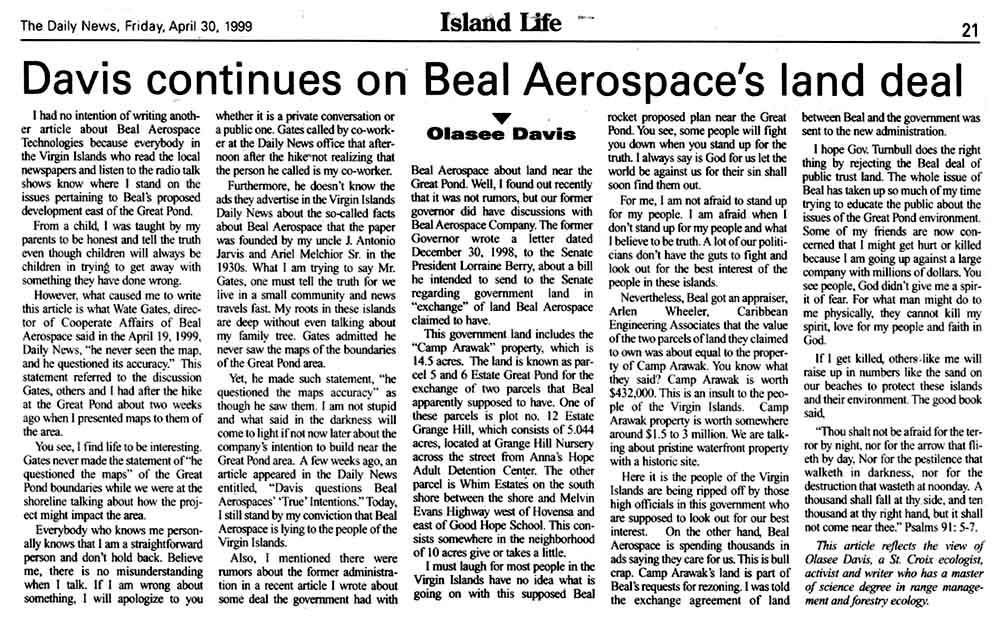 Davis continues on Beal Aerospace's land deal