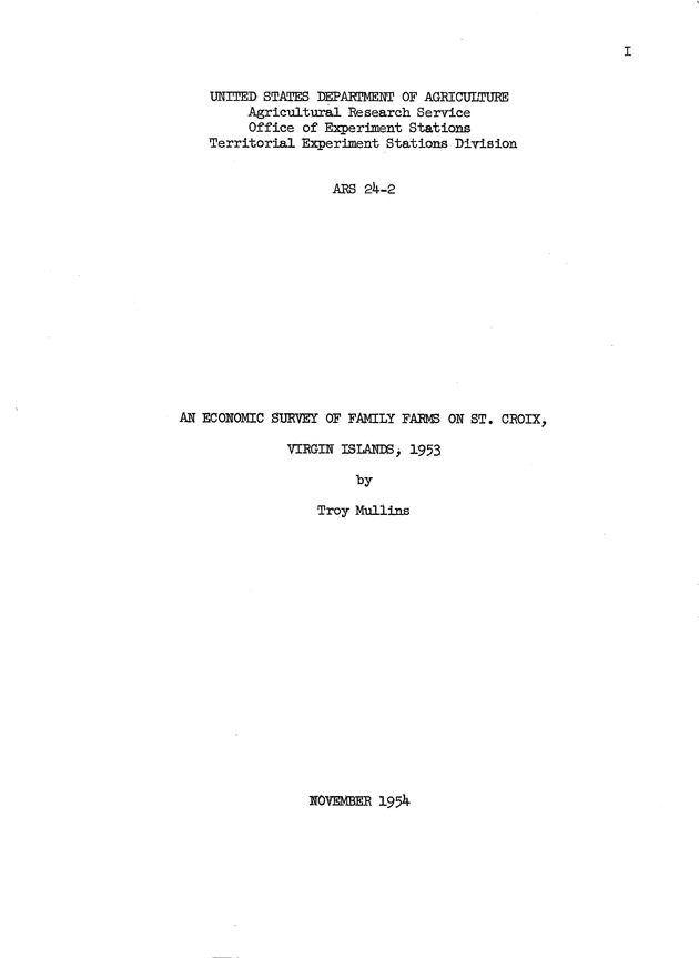 An economic survey of family farms on St. Croix, Virgin Islands, 1953 - 0001