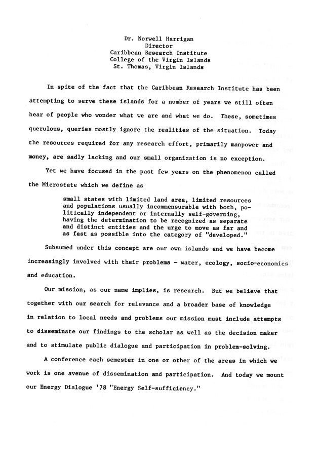 Energy self-sufficiency and the Virgin Islands : proceedings of a conference - 0004