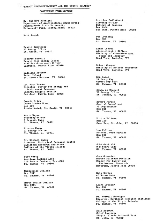 Energy self-sufficiency and the Virgin Islands : proceedings of a conference - 0105