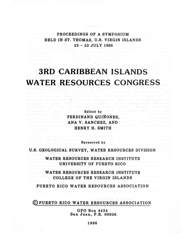 3rd Caribbean Islands Water Resources Congress : proceedings of a symposium held in St. Thomas, U.S. Virgin Islands, 22-23 July 1986 - 0001