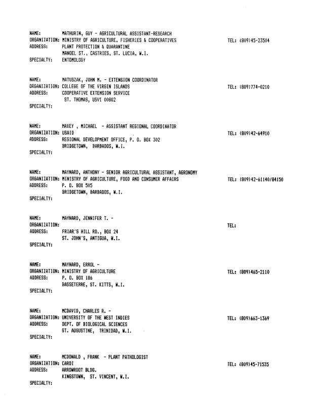 Alphabetical listing of organizations and individuals involved in agricultural research and development in eastern Caribbean Countries - 0064