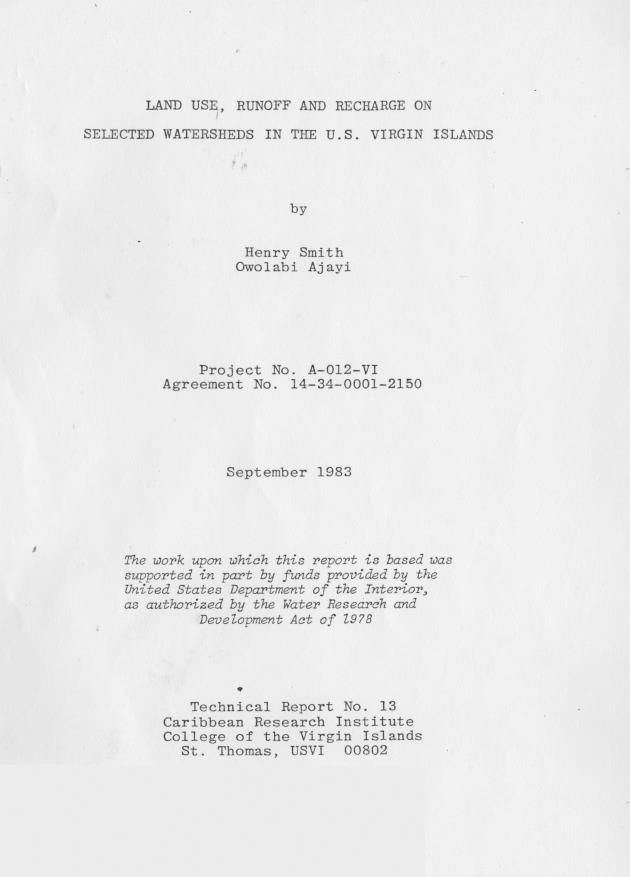 Land use, runoff and recharge on selected watersheds in the U.S. Virgin Islands - 0001