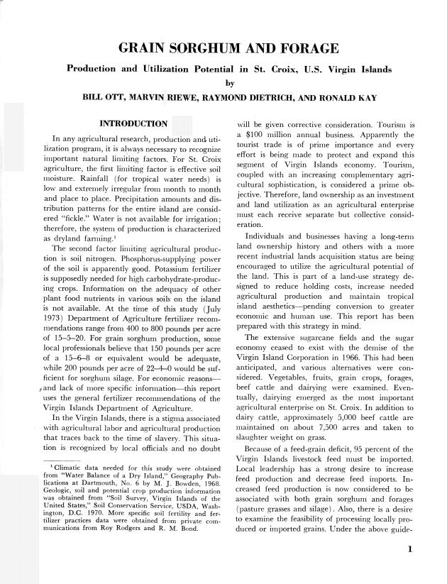 Grain sorghum and forage : production and utilization potential in St. Croix, U.S. Virgin Islands Virgin Islands - 0005