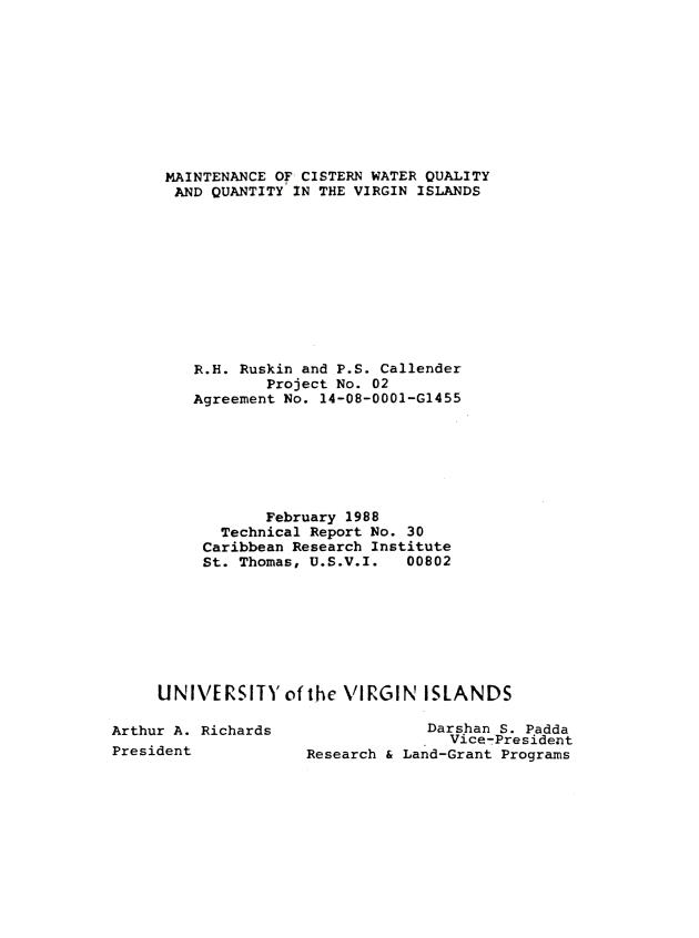 Maintenance of cistern water quality and quantity in the Virgin Islands - 0001