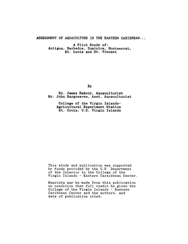 Assessment of aquaculture in the Eastern Caribbean ... : a pilot study of: Antigua, Barbados, Dominica, Montserrat, St. Lucia and St. Vincent - 0002