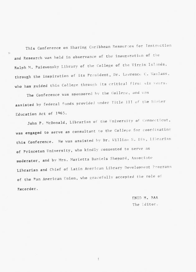 Proceedings - Conference on Sharing Caribbean Resources for Instruction and Research, College of the Virgin Islands, March 17-19, 1969. Conference on Sharing Caribbean Resources for Instruction and Research, College of the Virgin Islands, March 17-19, 1969 - 0002