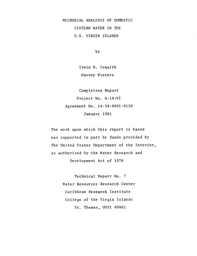 Microbial analysis of domestic cistern water in the U.S. Virgin Islands - 0001