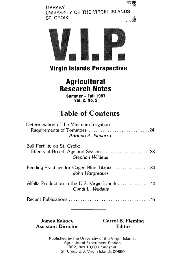 Virgin Islands perspective : V.I.P. : agricultural research notes. Vol. 2. No. 2. - Table of Contents