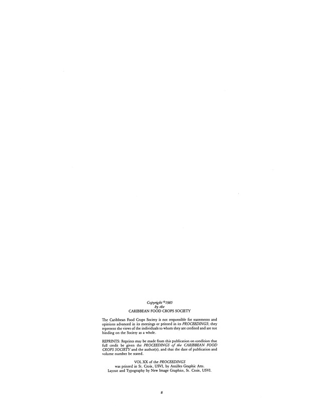 Proceedings of the 20th Annual meeting of the Caribbean Food Crops Society. St. Croix, U.S. Virgin Islands : October 21-26, 1984 - Page ii