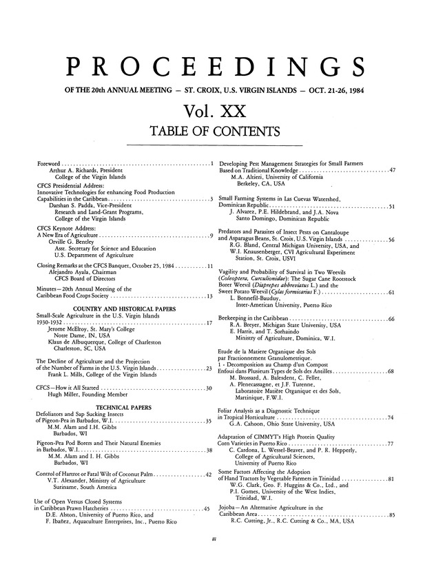 Proceedings of the 20th Annual meeting of the Caribbean Food Crops Society. St. Croix, U.S. Virgin Islands : October 21-26, 1984 - Page iii