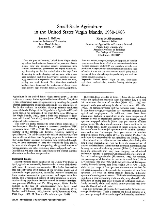 Proceedings of the 20th Annual meeting of the Caribbean Food Crops Society. St. Croix, U.S. Virgin Islands : October 21-26, 1984 - Page 17