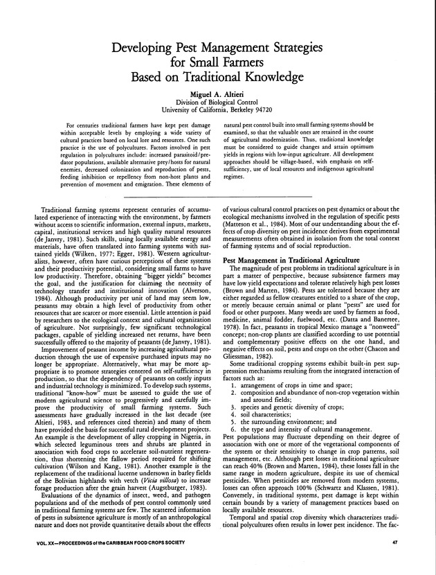 Proceedings of the 20th Annual meeting of the Caribbean Food Crops Society. St. Croix, U.S. Virgin Islands : October 21-26, 1984 - Page 47