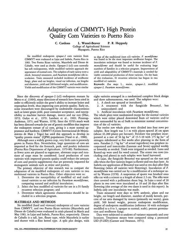 Proceedings of the 20th Annual meeting of the Caribbean Food Crops Society. St. Croix, U.S. Virgin Islands : October 21-26, 1984 - Page 77