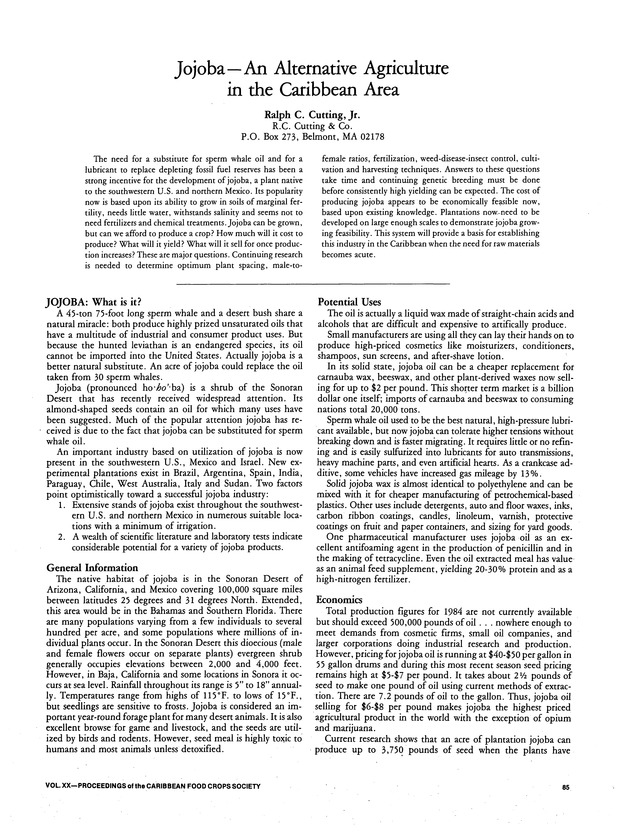 Proceedings of the 20th Annual meeting of the Caribbean Food Crops Society. St. Croix, U.S. Virgin Islands : October 21-26, 1984 - Page 85