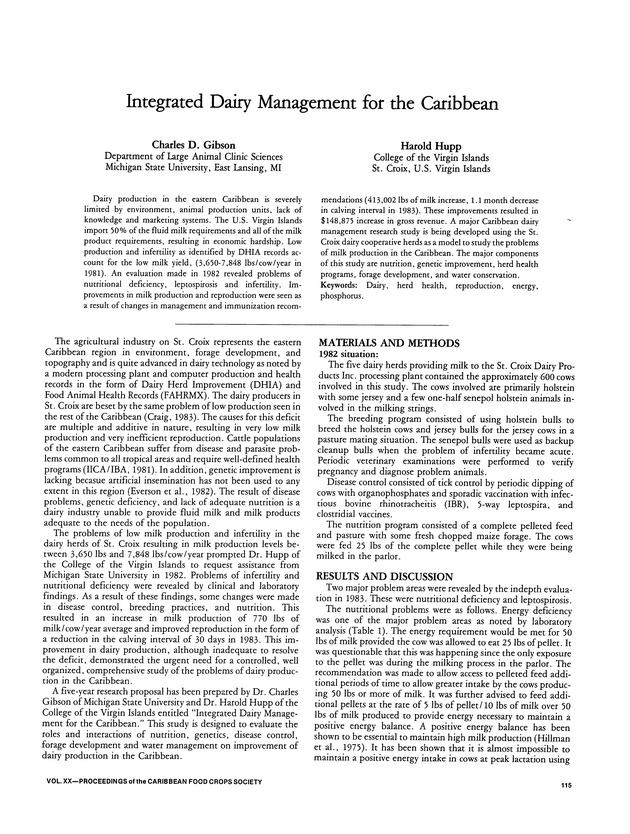 Proceedings of the 20th Annual meeting of the Caribbean Food Crops Society. St. Croix, U.S. Virgin Islands : October 21-26, 1984 - Page 115