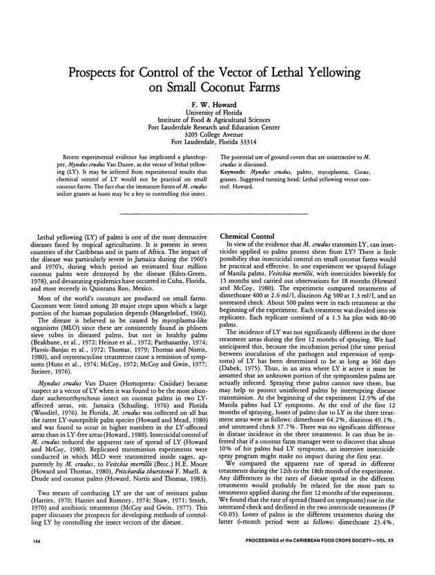 Proceedings of the 20th Annual meeting of the Caribbean Food Crops Society. St. Croix, U.S. Virgin Islands : October 21-26, 1984 - Page 144