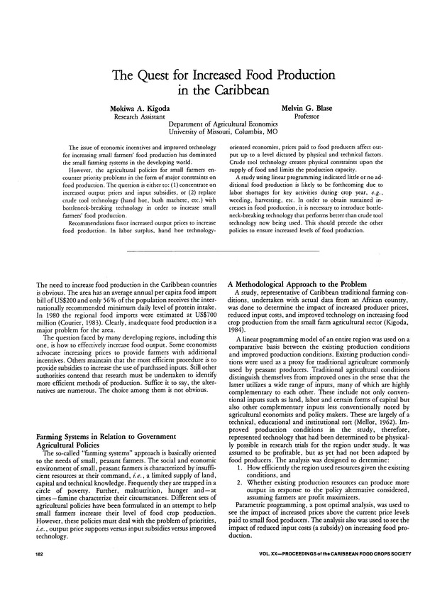 Proceedings of the 20th Annual meeting of the Caribbean Food Crops Society. St. Croix, U.S. Virgin Islands : October 21-26, 1984 - Page 182