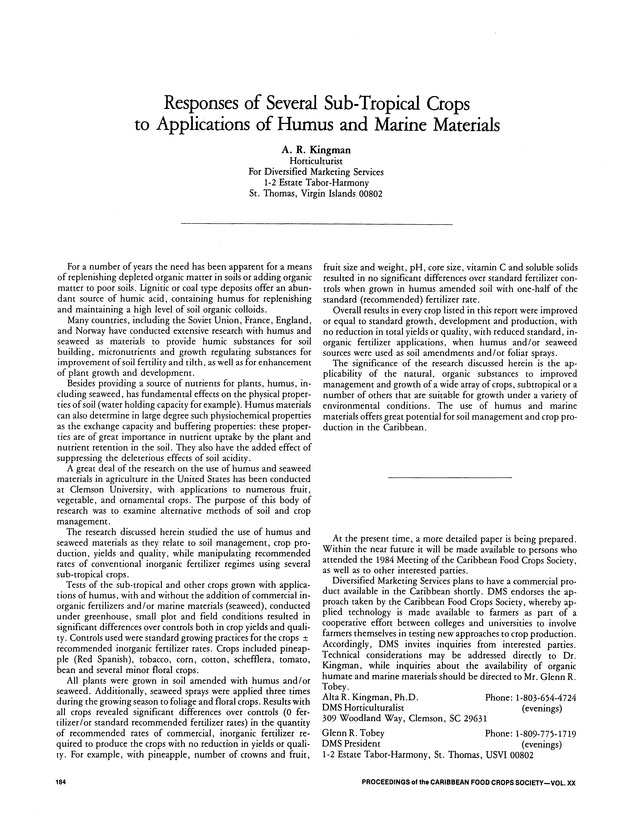 Proceedings of the 20th Annual meeting of the Caribbean Food Crops Society. St. Croix, U.S. Virgin Islands : October 21-26, 1984 - Page 184