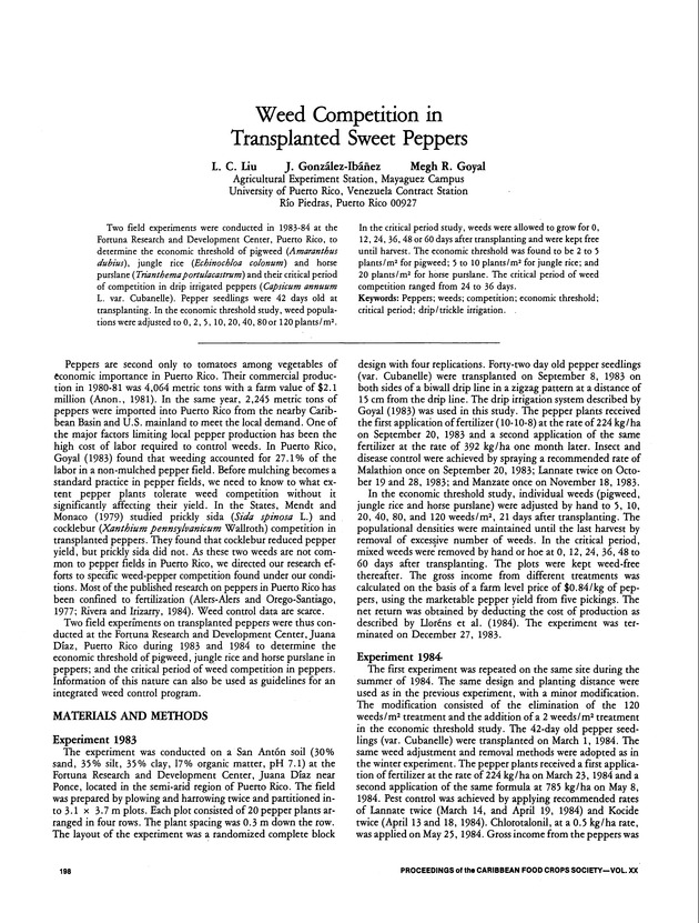 Proceedings of the 20th Annual meeting of the Caribbean Food Crops Society. St. Croix, U.S. Virgin Islands : October 21-26, 1984 - Page 198