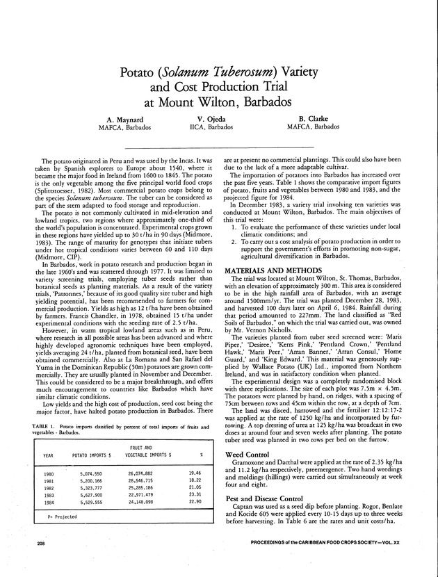 Proceedings of the 20th Annual meeting of the Caribbean Food Crops Society. St. Croix, U.S. Virgin Islands : October 21-26, 1984 - Page 208