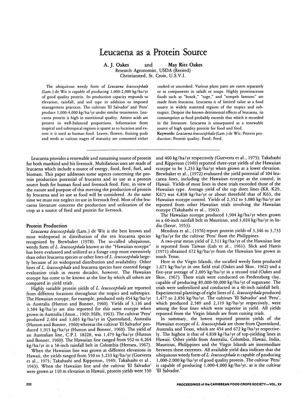 Proceedings of the 20th Annual meeting of the Caribbean Food Crops Society. St. Croix, U.S. Virgin Islands : October 21-26, 1984 - Page 232