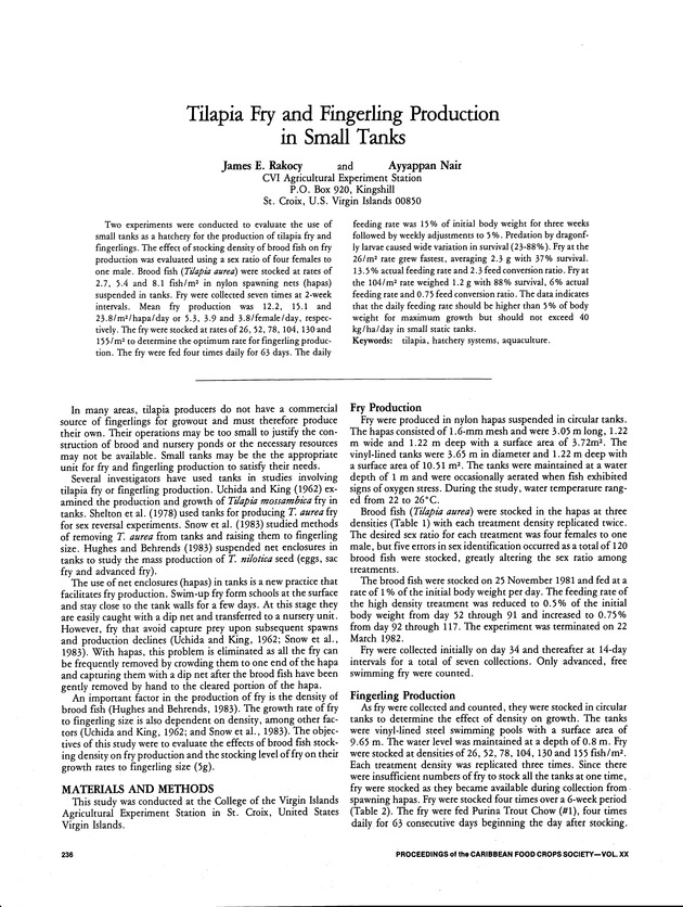 Proceedings of the 20th Annual meeting of the Caribbean Food Crops Society. St. Croix, U.S. Virgin Islands : October 21-26, 1984 - Page 236