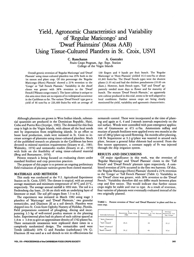 Proceedings of the 20th Annual meeting of the Caribbean Food Crops Society. St. Croix, U.S. Virgin Islands : October 21-26, 1984 - Page 243