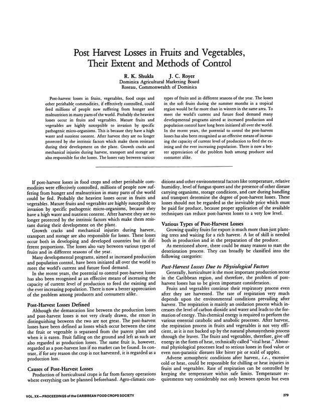 Proceedings of the 20th Annual meeting of the Caribbean Food Crops Society. St. Croix, U.S. Virgin Islands : October 21-26, 1984 - Page 279