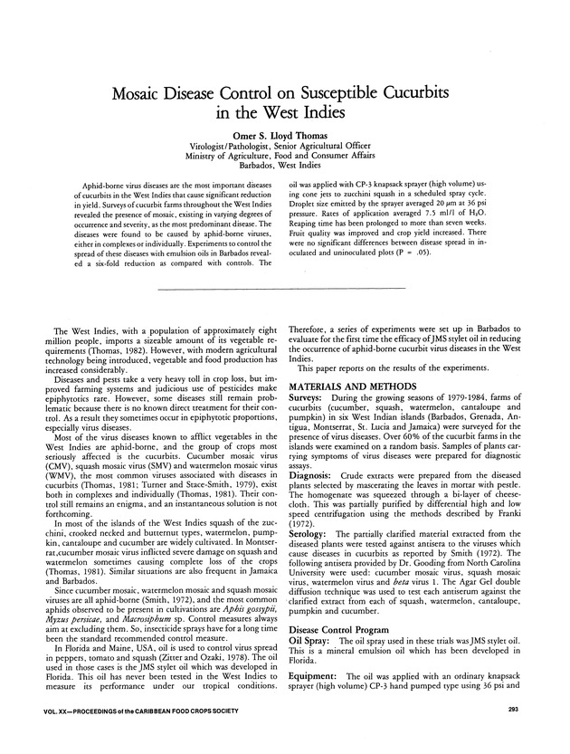 Proceedings of the 20th Annual meeting of the Caribbean Food Crops Society. St. Croix, U.S. Virgin Islands : October 21-26, 1984 - Page 293