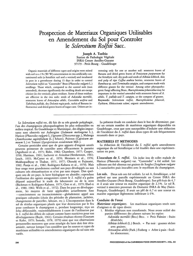 Proceedings of the 20th Annual meeting of the Caribbean Food Crops Society. St. Croix, U.S. Virgin Islands : October 21-26, 1984 - Page 296