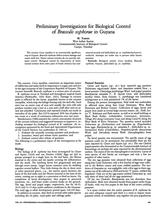 Proceedings of the 20th Annual meeting of the Caribbean Food Crops Society. St. Croix, U.S. Virgin Islands : October 21-26, 1984 - Page 307