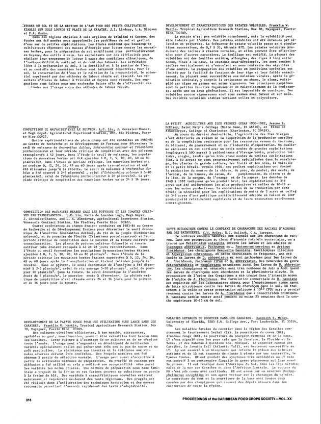 Proceedings of the 20th Annual meeting of the Caribbean Food Crops Society. St. Croix, U.S. Virgin Islands : October 21-26, 1984 - Page 316