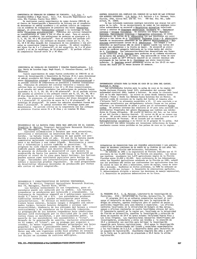 Proceedings of the 20th Annual meeting of the Caribbean Food Crops Society. St. Croix, U.S. Virgin Islands : October 21-26, 1984 - Page 327