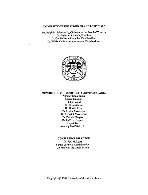 Proceedings : Conference on the Future Political Status of the United States Virgin Islands (February,1988) - Front Matter