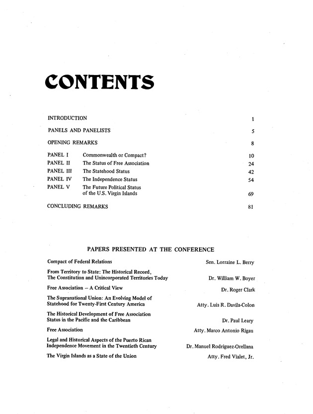 Proceedings : Conference on the Future Political Status of the United States Virgin Islands (February,1988) - Table of Contents 1