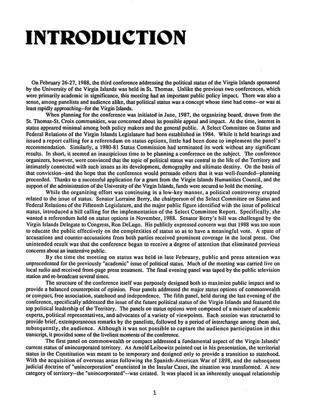 Proceedings : Conference on the Future Political Status of the United States Virgin Islands (February,1988) - Page 1