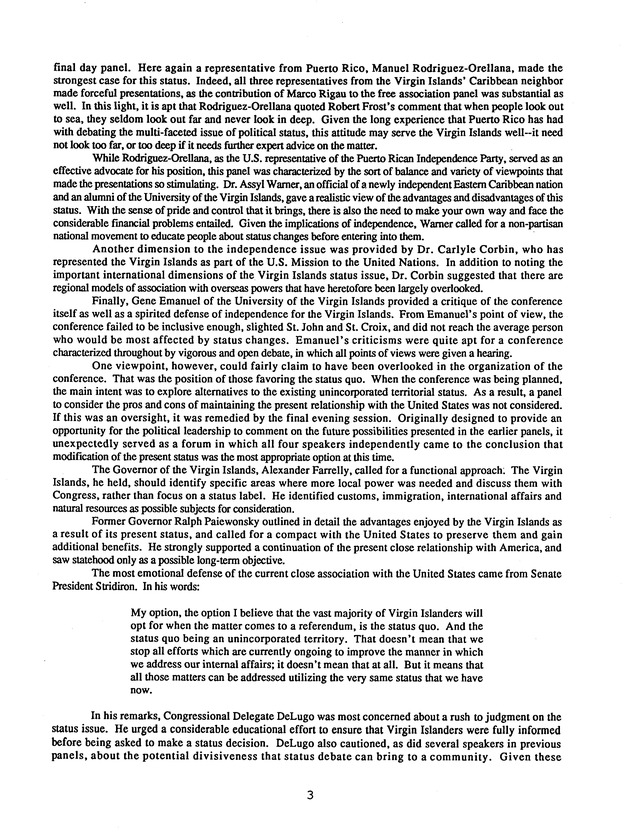 Proceedings : Conference on the Future Political Status of the United States Virgin Islands (February,1988) - Page 3