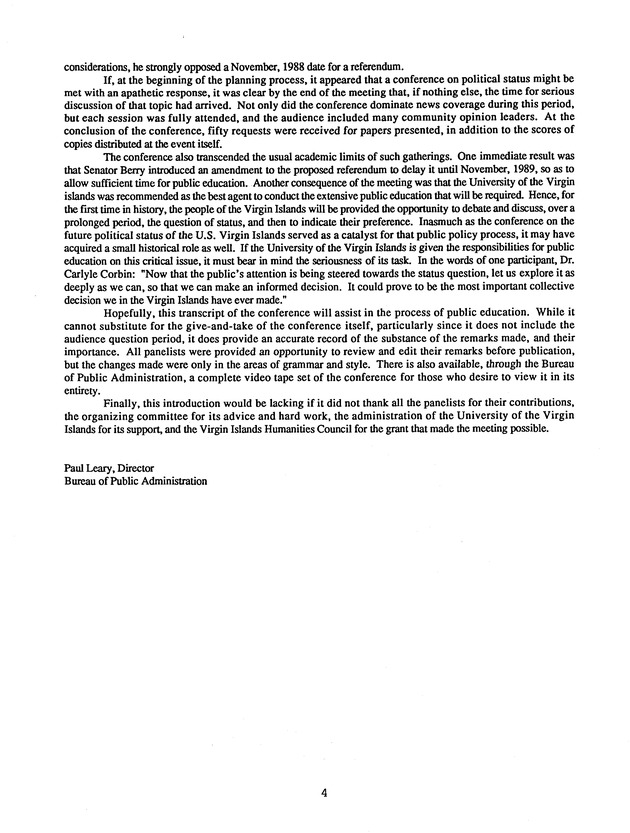 Proceedings : Conference on the Future Political Status of the United States Virgin Islands (February,1988) - Page 4