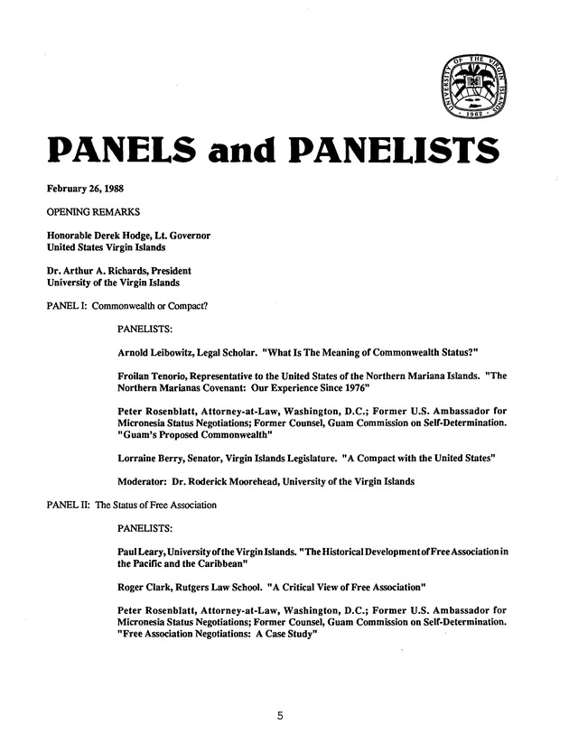 Proceedings : Conference on the Future Political Status of the United States Virgin Islands (February,1988) - Page 5