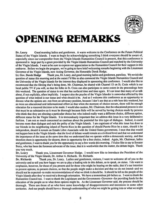 Proceedings : Conference on the Future Political Status of the United States Virgin Islands (February,1988) - Page 8