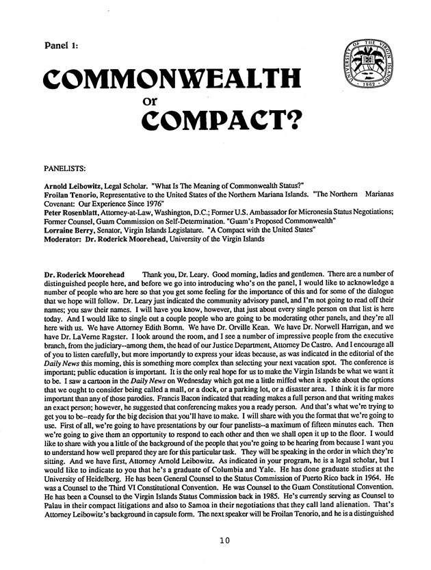 Proceedings : Conference on the Future Political Status of the United States Virgin Islands (February,1988) - Page 10