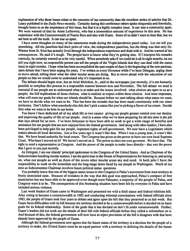 Proceedings : Conference on the Future Political Status of the United States Virgin Islands (February,1988) - Page 77