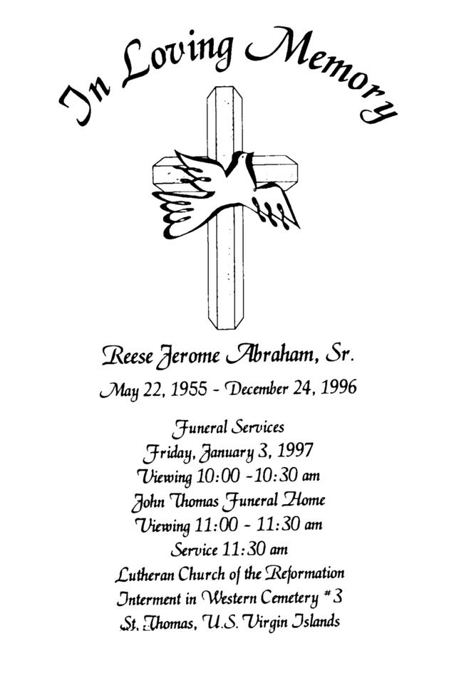 Funeral Booklet for Reese Jerome Abraham, Sr. - Page 1