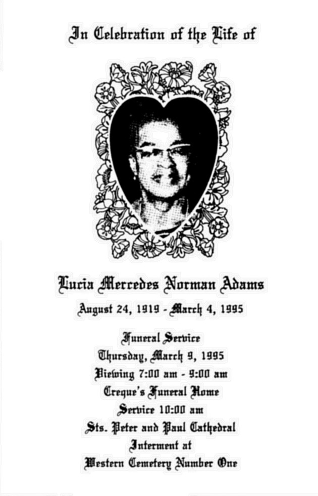 Funeral Booklet for Lucia Mercedes Norman Adams - Page 1