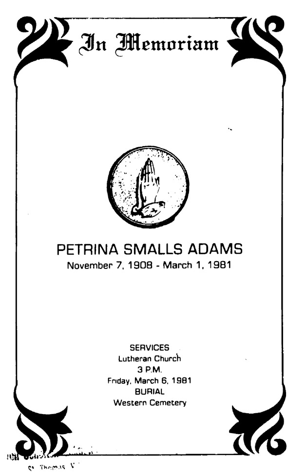 Funeral Booklet for Petrina Smalls Adams - Page 1