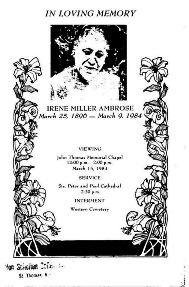 Funeral Booklet for Irene Miller Ambrose - Page 1