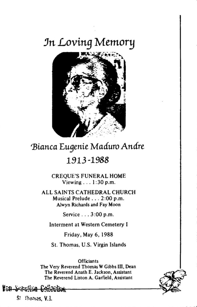 Funeral Booklet for Bianca Eugenie Maduro Andre - Page 1